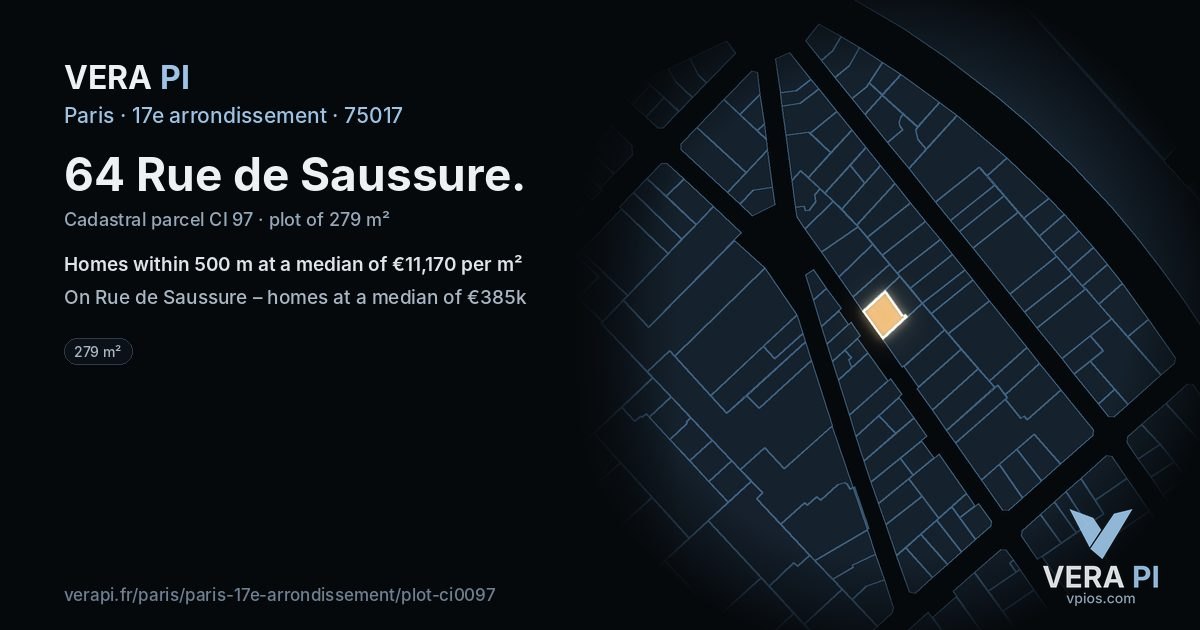 64 Rue de Saussure, 17e arrondissement at night – the plot lit, the parcels around coloured by the prices near them