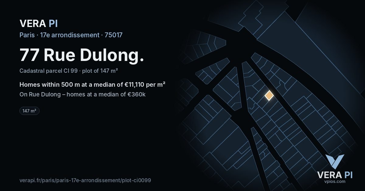 77 Rue Dulong, 17e arrondissement at night – the plot lit, the parcels around coloured by the prices near them