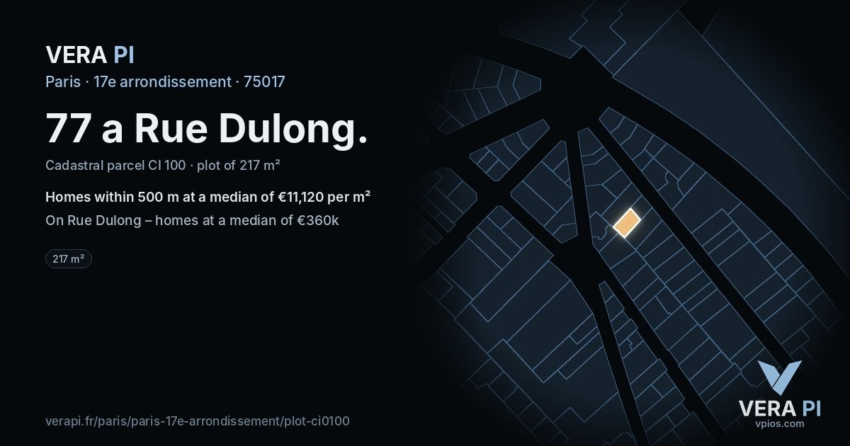 77 a Rue Dulong, 17e arrondissement at night – the plot lit, the parcels around coloured by the prices near them