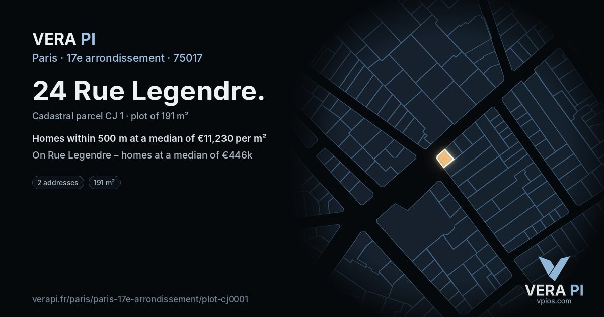 24 Rue Legendre, 17e arrondissement at night – the plot lit, the parcels around coloured by the prices near them