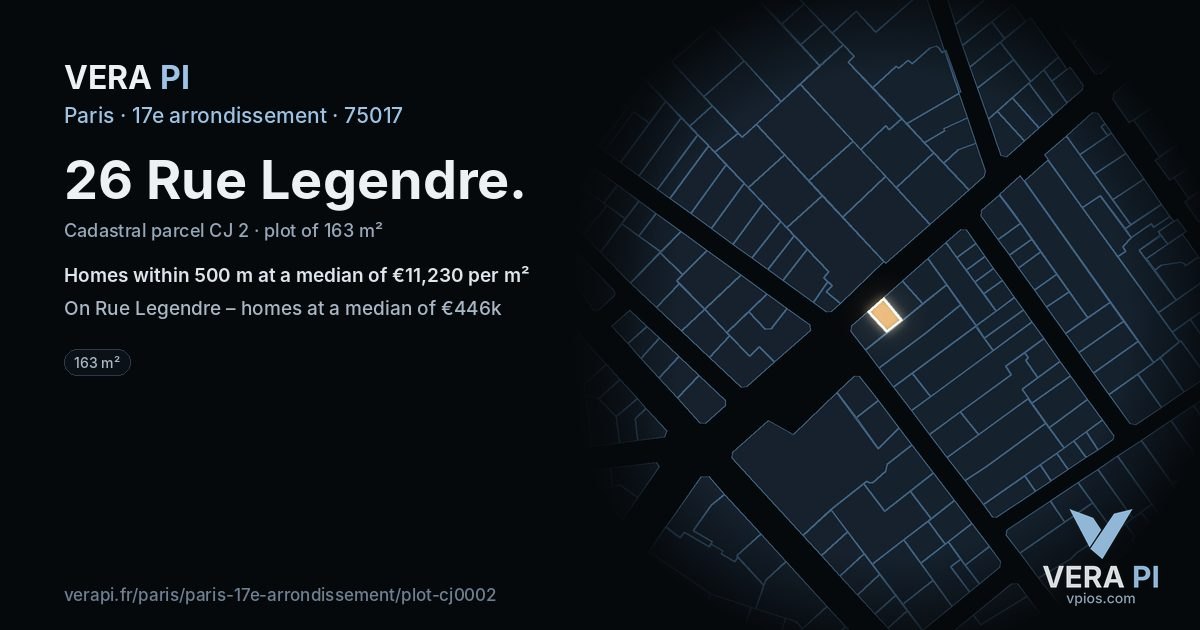 26 Rue Legendre, 17e arrondissement at night – the plot lit, the parcels around coloured by the prices near them