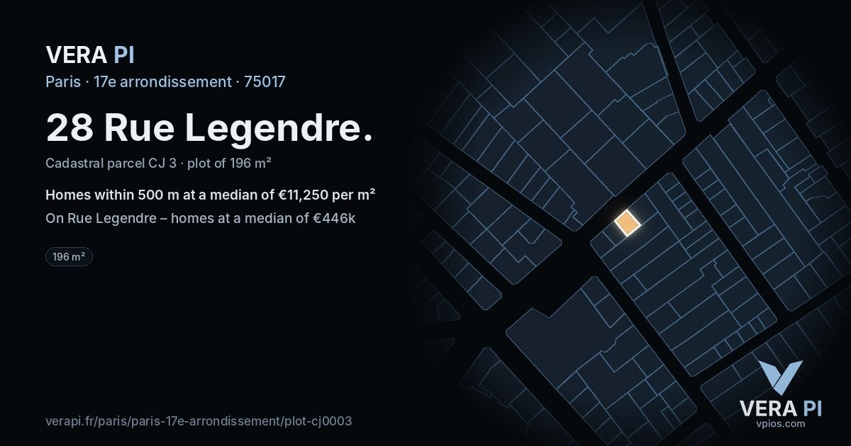 28 Rue Legendre, 17e arrondissement at night – the plot lit, the parcels around coloured by the prices near them