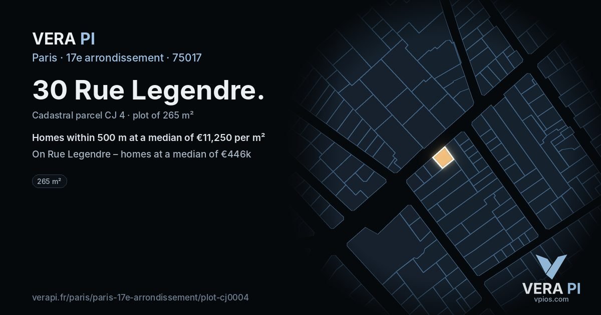30 Rue Legendre, 17e arrondissement at night – the plot lit, the parcels around coloured by the prices near them