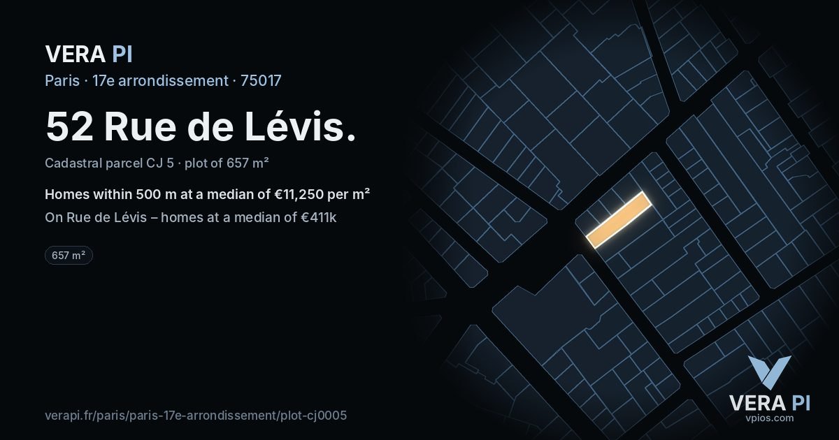 52 Rue de Lévis, 17e arrondissement at night – the plot lit, the parcels around coloured by the prices near them