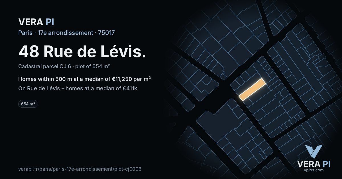 48 Rue de Lévis, 17e arrondissement at night – the plot lit, the parcels around coloured by the prices near them