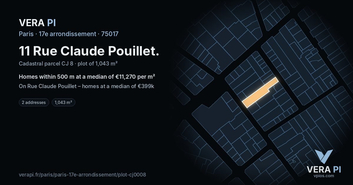 11 Rue Claude Pouillet, 17e arrondissement at night – the plot lit, the parcels around coloured by the prices near them