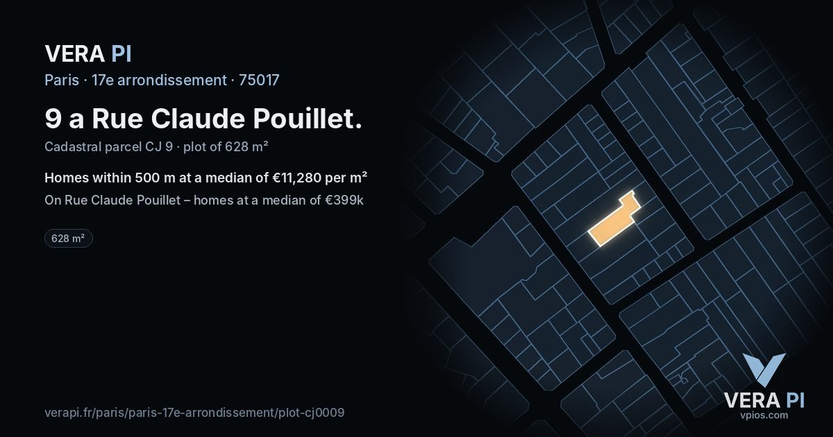 9 a Rue Claude Pouillet, 17e arrondissement at night – the plot lit, the parcels around coloured by the prices near them