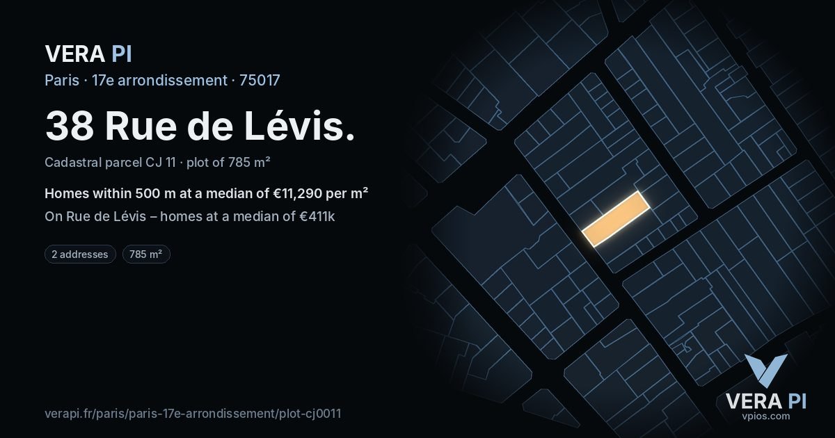 38 Rue de Lévis, 17e arrondissement at night – the plot lit, the parcels around coloured by the prices near them