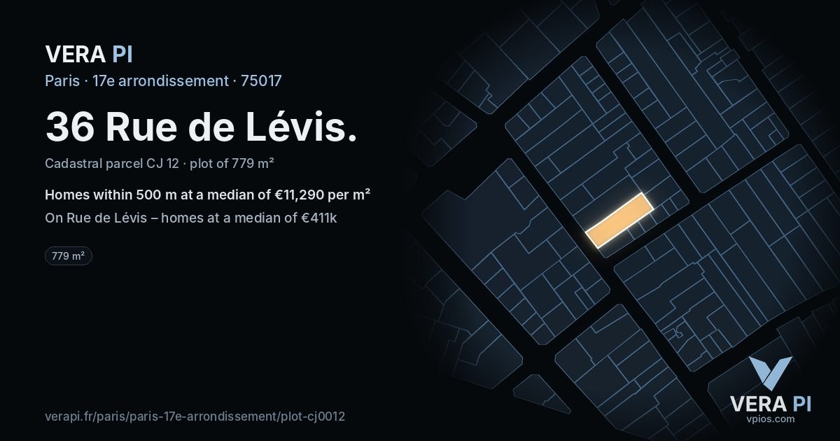 36 Rue de Lévis, 17e arrondissement at night – the plot lit, the parcels around coloured by the prices near them
