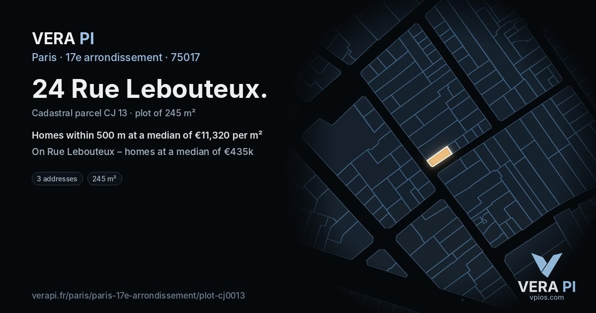 24 Rue Lebouteux, 17e arrondissement at night – the plot lit, the parcels around coloured by the prices near them