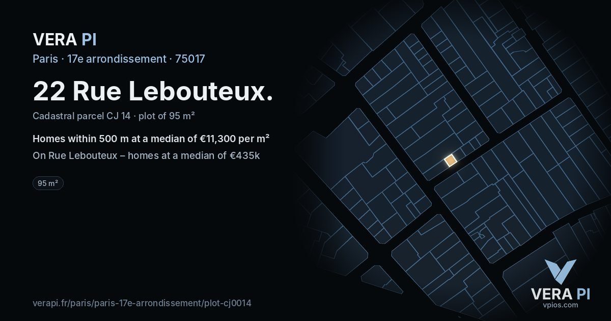 22 Rue Lebouteux, 17e arrondissement at night – the plot lit, the parcels around coloured by the prices near them