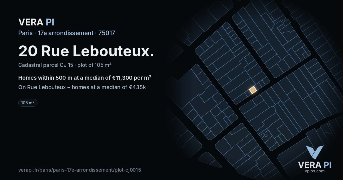 20 Rue Lebouteux, 17e arrondissement at night – the plot lit, the parcels around coloured by the prices near them