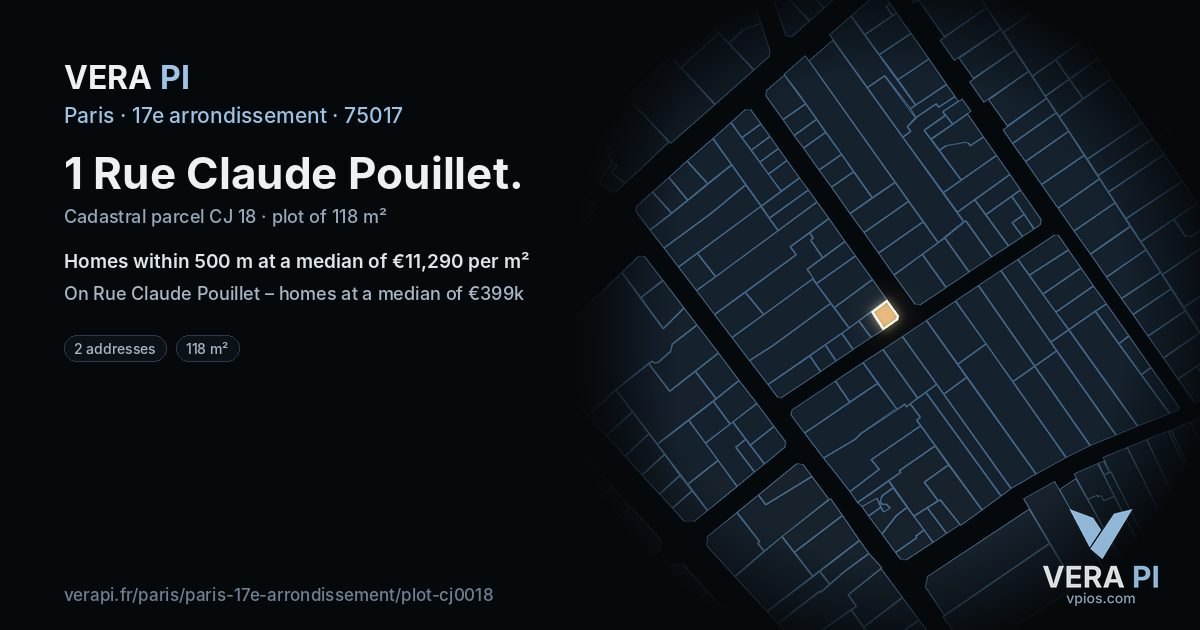 1 Rue Claude Pouillet, 17e arrondissement at night – the plot lit, the parcels around coloured by the prices near them