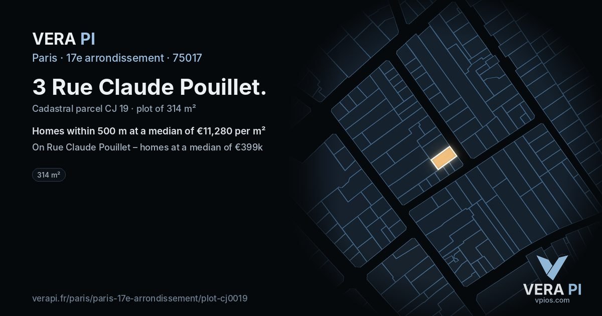 3 Rue Claude Pouillet, 17e arrondissement at night – the plot lit, the parcels around coloured by the prices near them