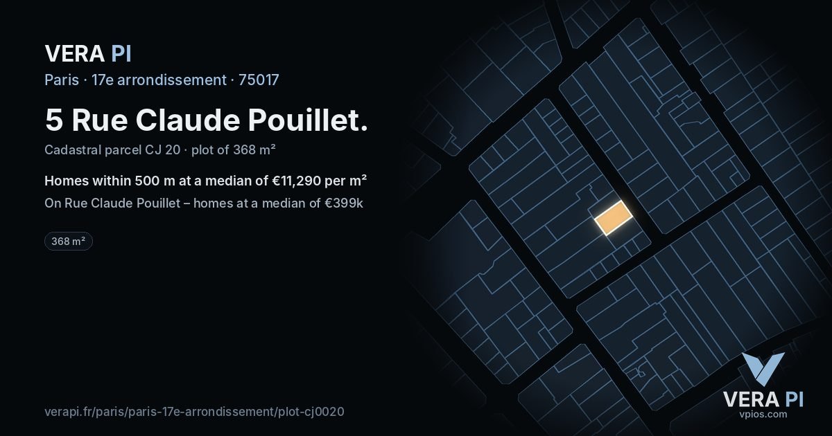 5 Rue Claude Pouillet, 17e arrondissement at night – the plot lit, the parcels around coloured by the prices near them