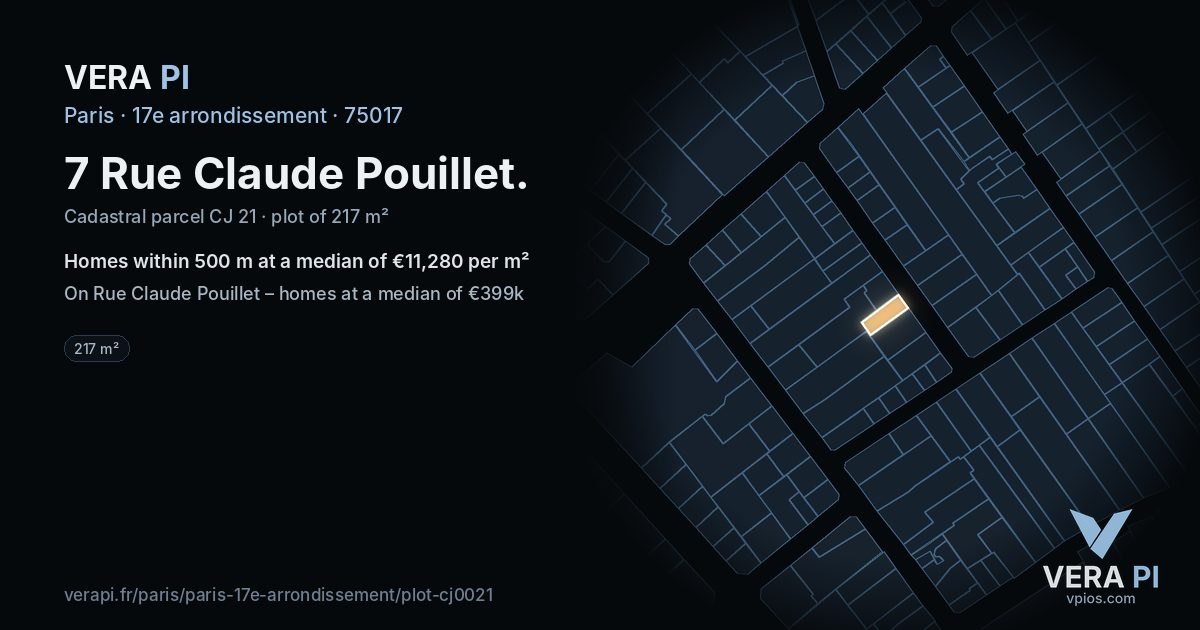 7 Rue Claude Pouillet, 17e arrondissement at night – the plot lit, the parcels around coloured by the prices near them