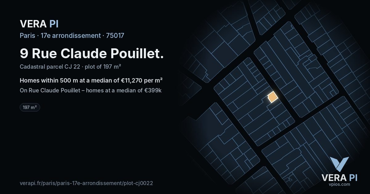 9 Rue Claude Pouillet, 17e arrondissement at night – the plot lit, the parcels around coloured by the prices near them