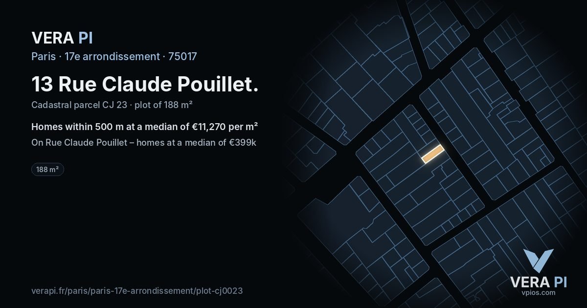13 Rue Claude Pouillet, 17e arrondissement at night – the plot lit, the parcels around coloured by the prices near them