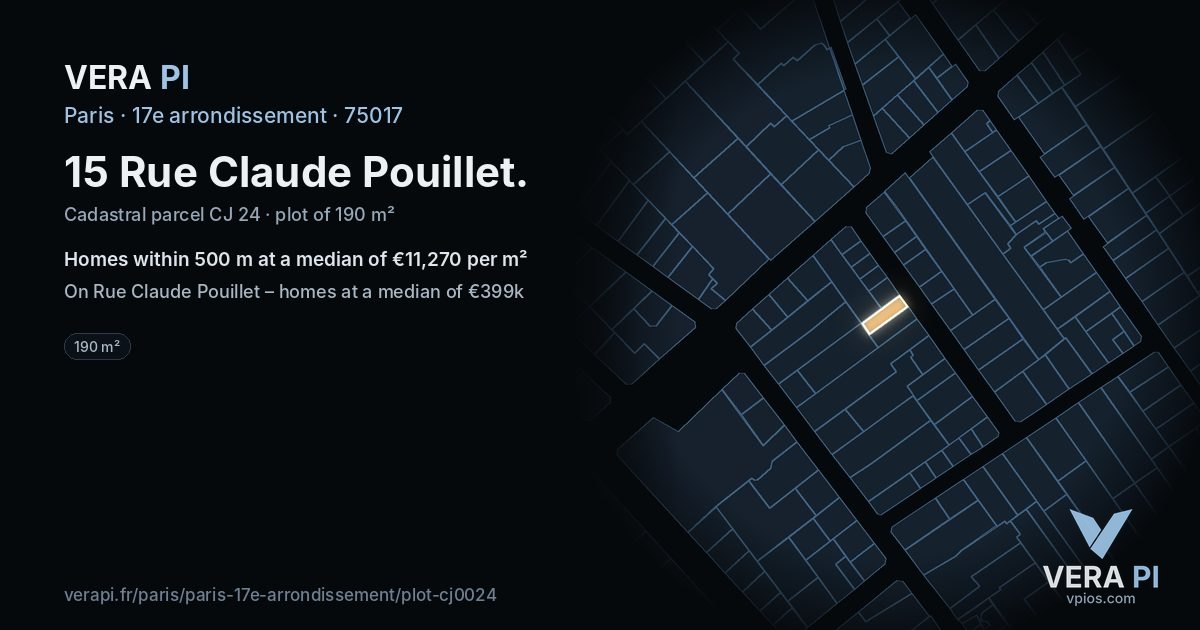 15 Rue Claude Pouillet, 17e arrondissement at night – the plot lit, the parcels around coloured by the prices near them