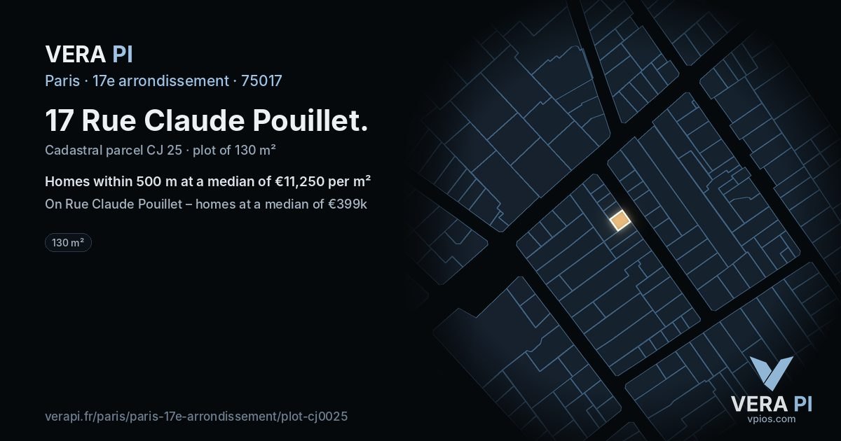 17 Rue Claude Pouillet, 17e arrondissement at night – the plot lit, the parcels around coloured by the prices near them