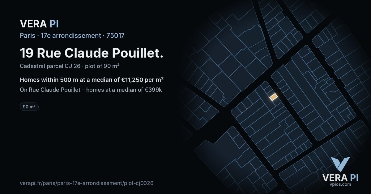 19 Rue Claude Pouillet, 17e arrondissement at night – the plot lit, the parcels around coloured by the prices near them