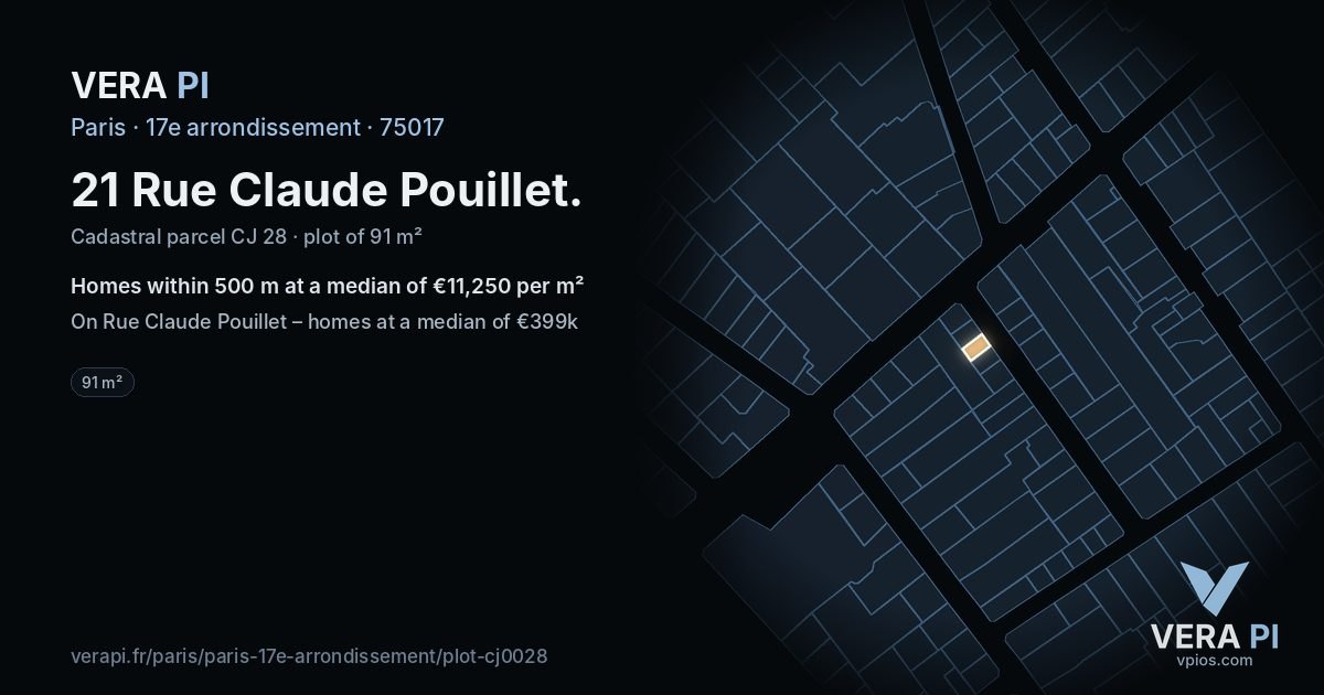 21 Rue Claude Pouillet, 17e arrondissement at night – the plot lit, the parcels around coloured by the prices near them