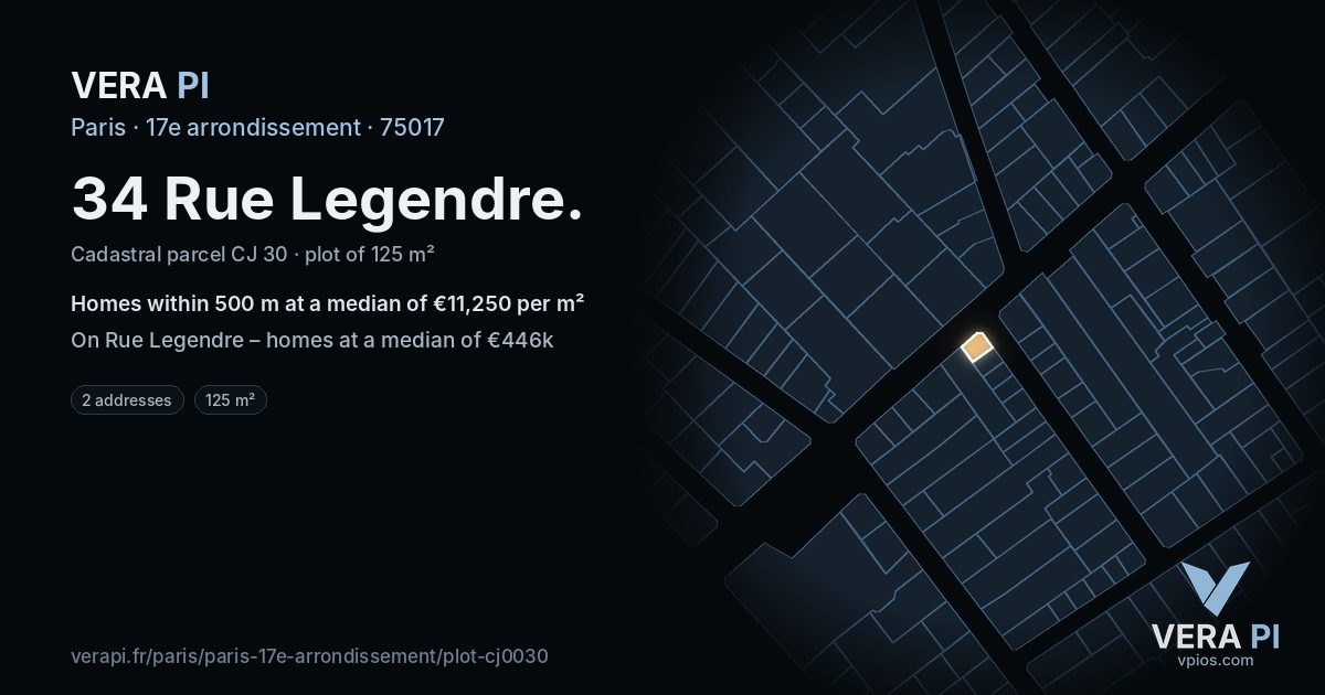 34 Rue Legendre, 17e arrondissement at night – the plot lit, the parcels around coloured by the prices near them