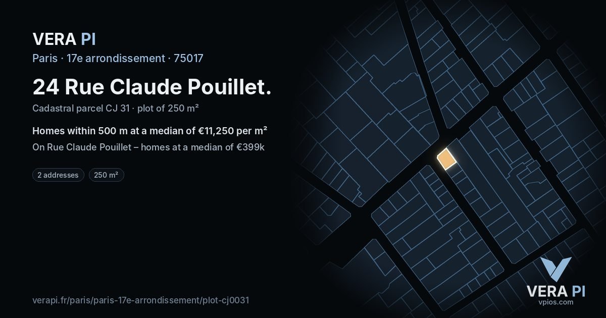 24 Rue Claude Pouillet, 17e arrondissement at night – the plot lit, the parcels around coloured by the prices near them