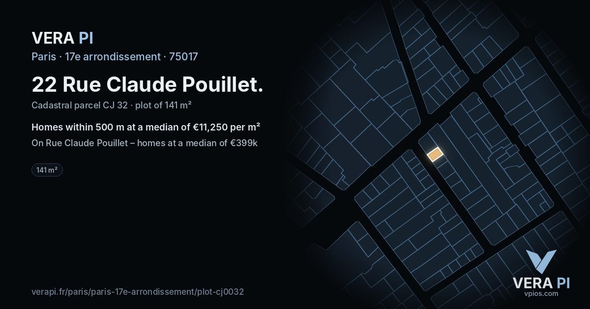 22 Rue Claude Pouillet, 17e arrondissement at night – the plot lit, the parcels around coloured by the prices near them
