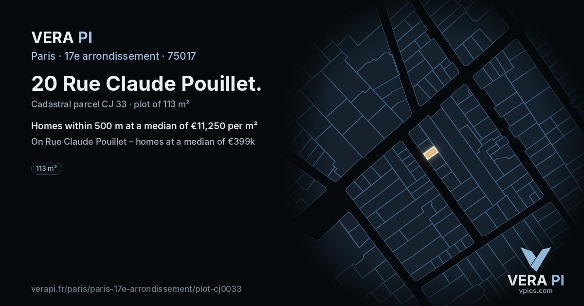 20 Rue Claude Pouillet, 17e arrondissement at night – the plot lit, the parcels around coloured by the prices near them