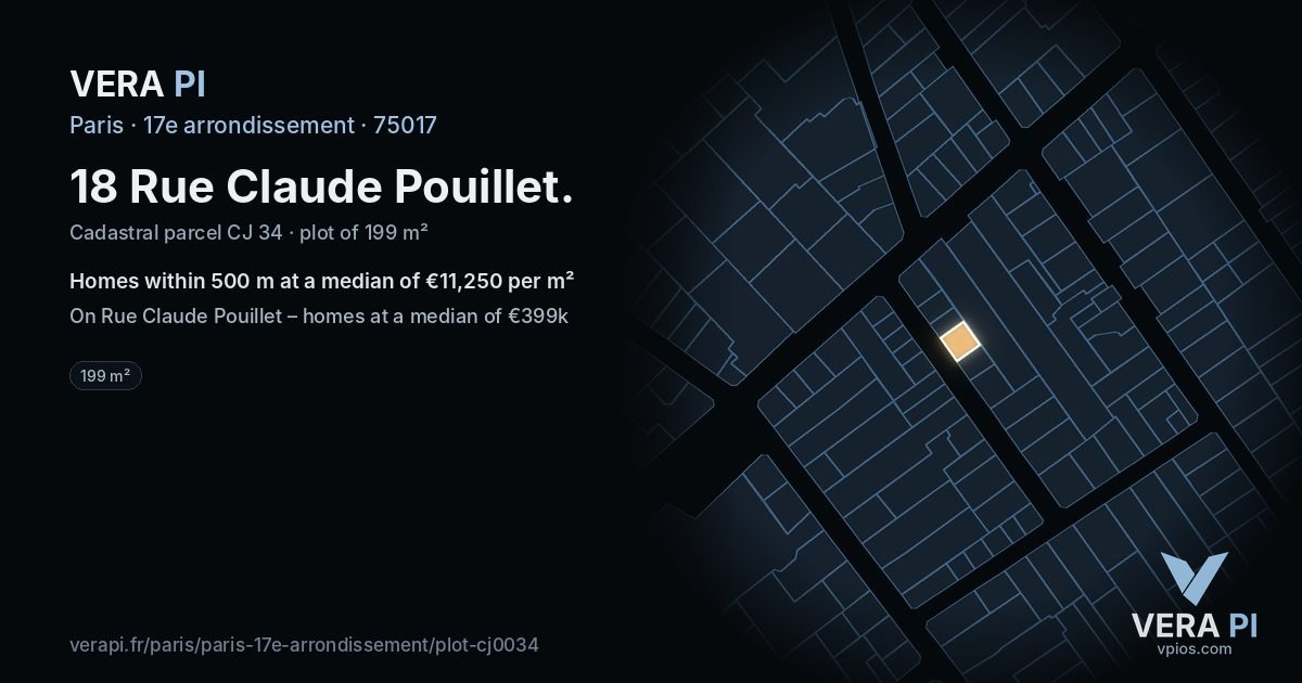 18 Rue Claude Pouillet, 17e arrondissement at night – the plot lit, the parcels around coloured by the prices near them