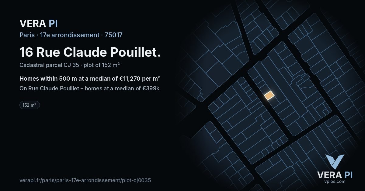 16 Rue Claude Pouillet, 17e arrondissement at night – the plot lit, the parcels around coloured by the prices near them