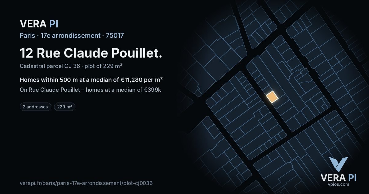 12 Rue Claude Pouillet, 17e arrondissement at night – the plot lit, the parcels around coloured by the prices near them