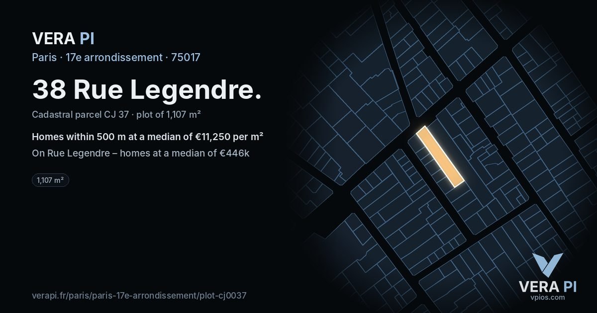 38 Rue Legendre, 17e arrondissement at night – the plot lit, the parcels around coloured by the prices near them