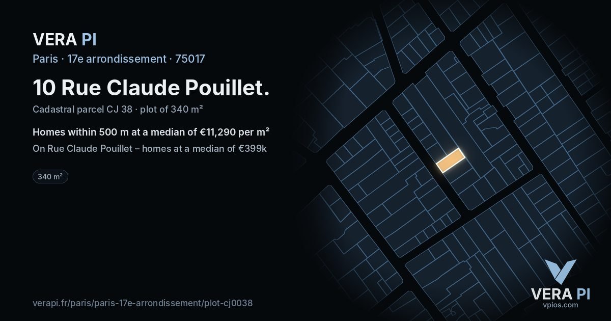 10 Rue Claude Pouillet, 17e arrondissement at night – the plot lit, the parcels around coloured by the prices near them