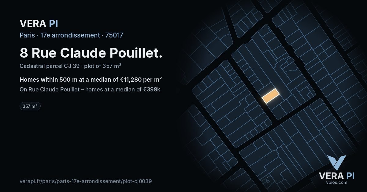 8 Rue Claude Pouillet, 17e arrondissement at night – the plot lit, the parcels around coloured by the prices near them