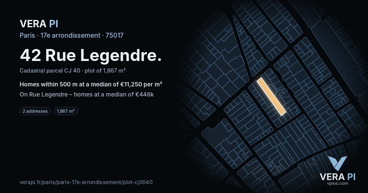 42 Rue Legendre, 17e arrondissement at night – the plot lit, the parcels around coloured by the prices near them