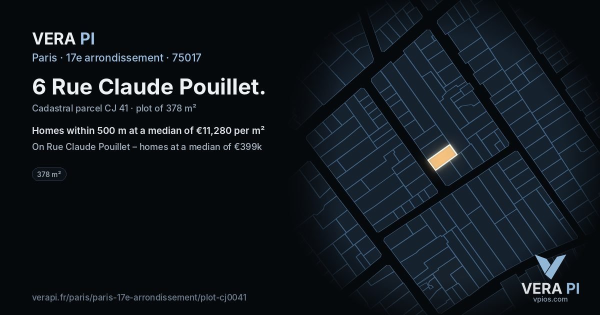 6 Rue Claude Pouillet, 17e arrondissement at night – the plot lit, the parcels around coloured by the prices near them