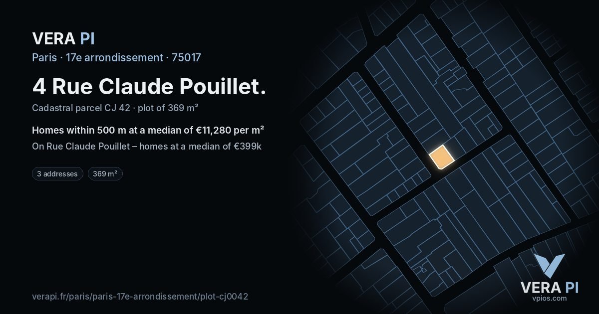 4 Rue Claude Pouillet, 17e arrondissement at night – the plot lit, the parcels around coloured by the prices near them