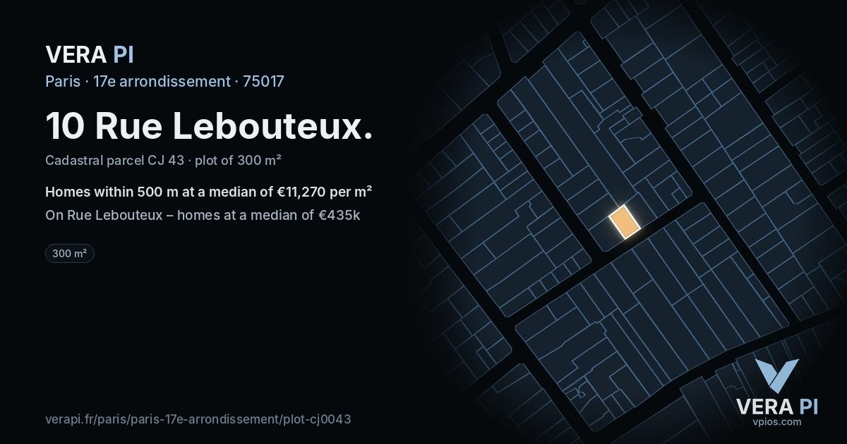 10 Rue Lebouteux, 17e arrondissement at night – the plot lit, the parcels around coloured by the prices near them
