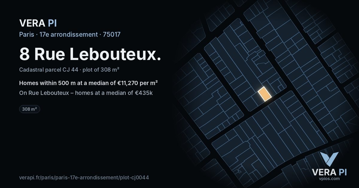 8 Rue Lebouteux, 17e arrondissement at night – the plot lit, the parcels around coloured by the prices near them