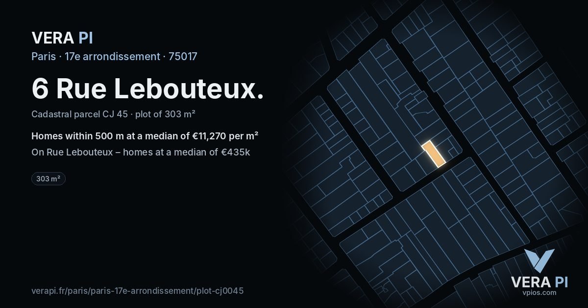6 Rue Lebouteux, 17e arrondissement at night – the plot lit, the parcels around coloured by the prices near them