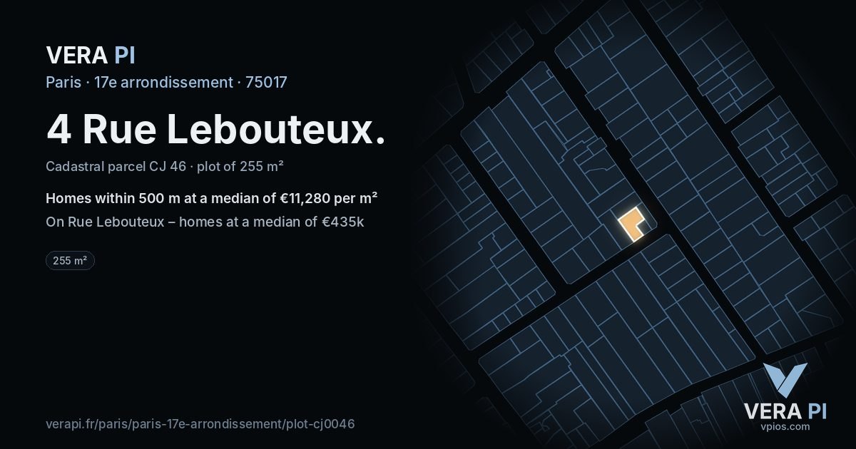 4 Rue Lebouteux, 17e arrondissement at night – the plot lit, the parcels around coloured by the prices near them