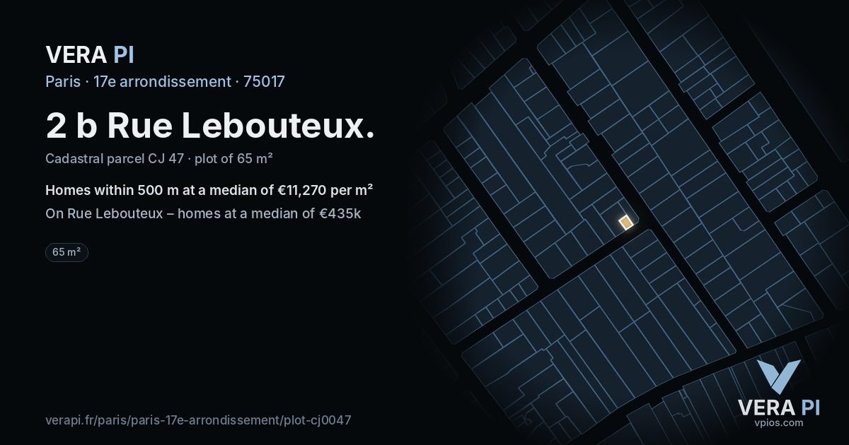 2 b Rue Lebouteux, 17e arrondissement at night – the plot lit, the parcels around coloured by the prices near them