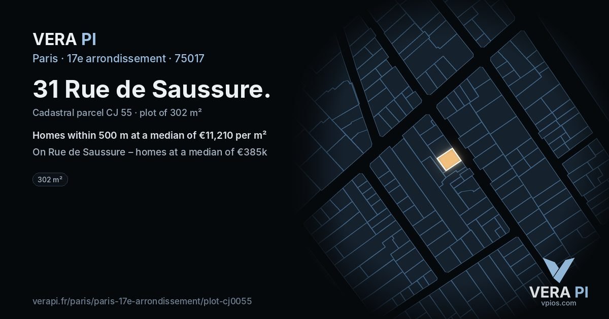 31 Rue de Saussure, 17e arrondissement at night – the plot lit, the parcels around coloured by the prices near them