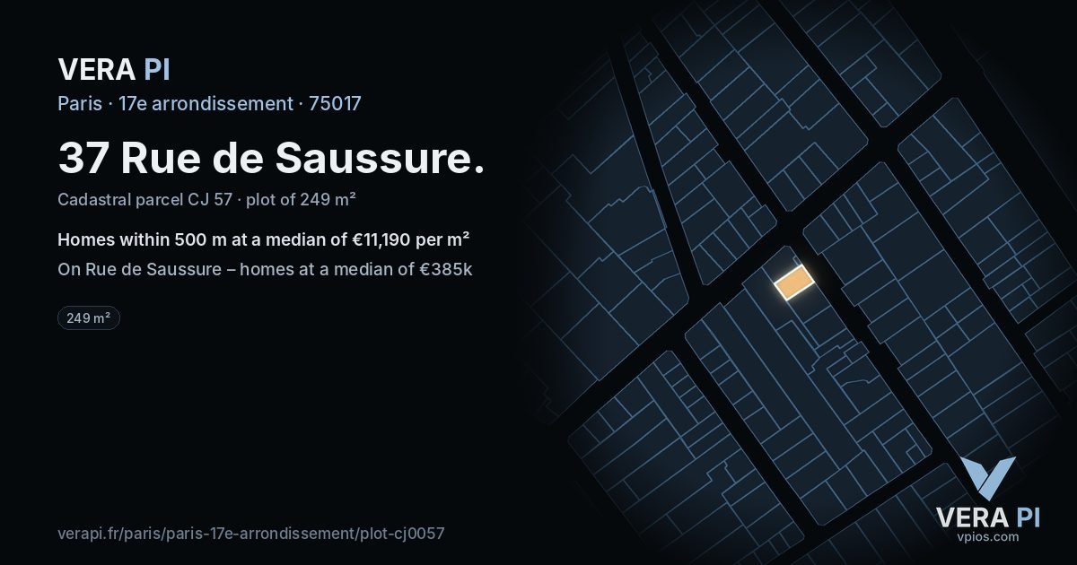 37 Rue de Saussure, 17e arrondissement at night – the plot lit, the parcels around coloured by the prices near them