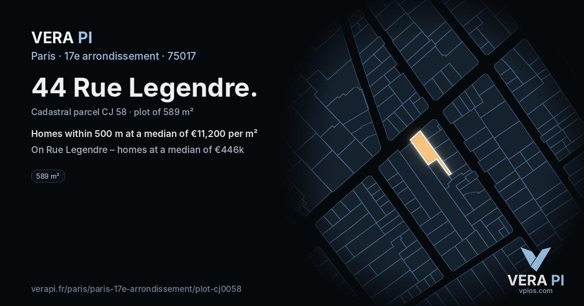 44 Rue Legendre, 17e arrondissement at night – the plot lit, the parcels around coloured by the prices near them