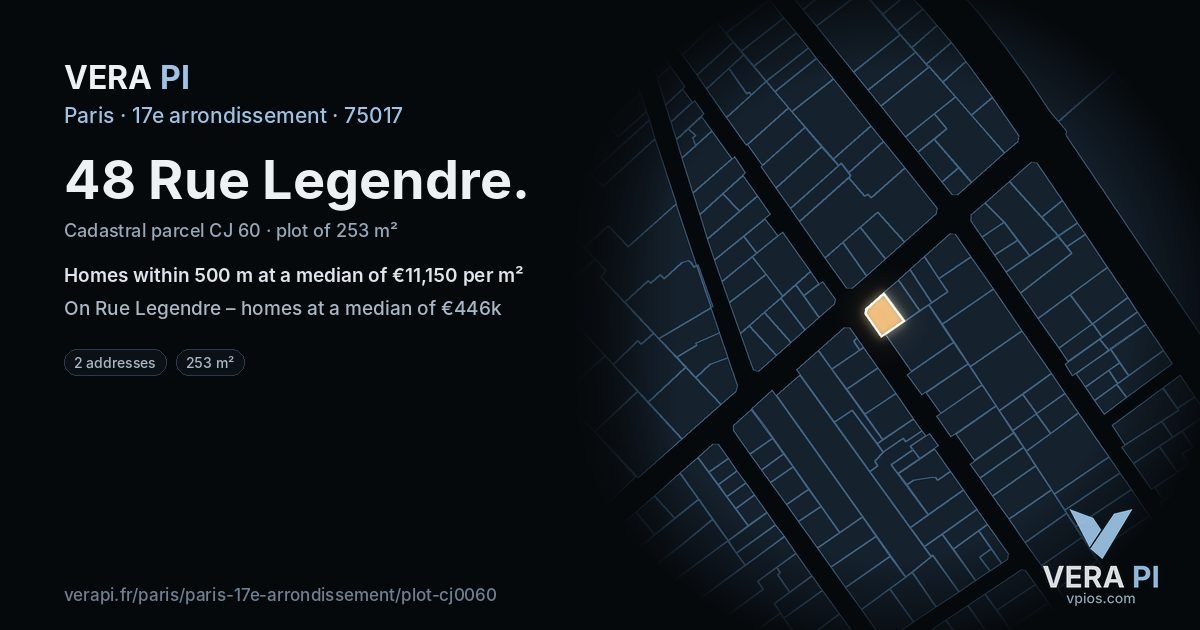 48 Rue Legendre, 17e arrondissement at night – the plot lit, the parcels around coloured by the prices near them
