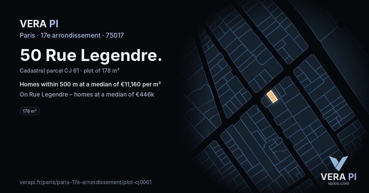50 Rue Legendre, 17e arrondissement at night – the plot lit, the parcels around coloured by the prices near them
