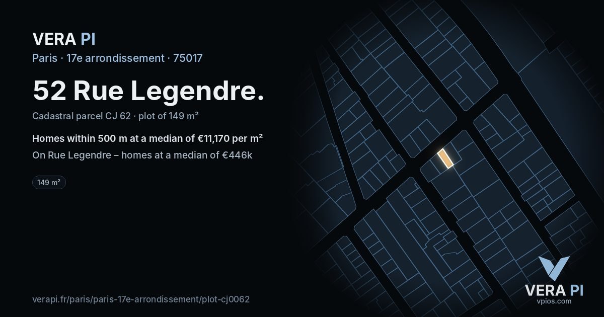 52 Rue Legendre, 17e arrondissement at night – the plot lit, the parcels around coloured by the prices near them
